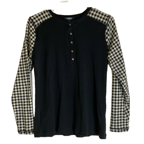 CHAPS Henley Gingham Sleeve Print Top, Women's L, Black White - Picture 1 of 6